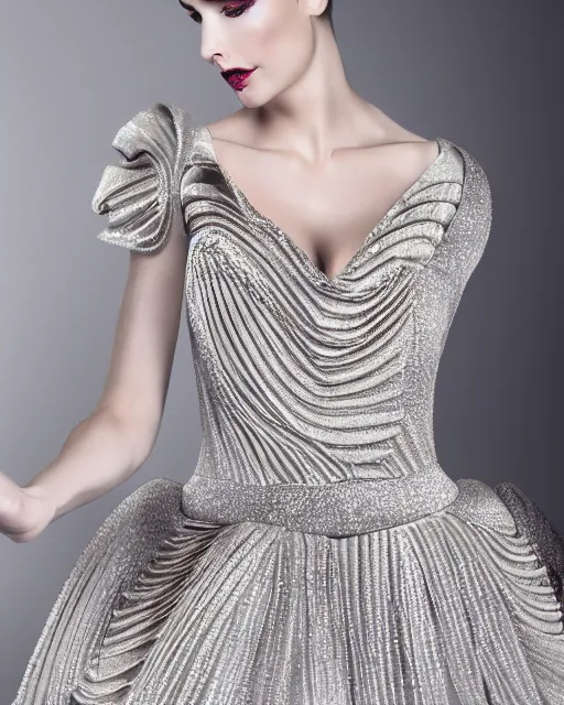 Prompt: ball shaped accordion sleeve haute couture, striking pose, dynamic folds, volume flutter, modeled by designer bust, expert composition, professional retouch