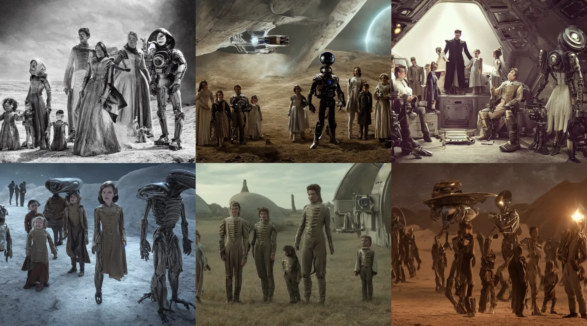 Prompt: film still from a sci fi blockbuster movie made in 2022, set in 1860, of a family leaving a spaceship, that has just landed on an alien planet, wearing 1850s era clothes, a humanoid alien stands nearby, cinematic lighting, 8k, faces are in focus, oscar winner, high quality photography, high quality lighting
