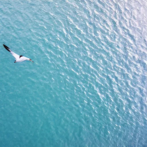 Image similar to simmetrical photo of a seagull flying seen exactly from above. Watching down. Seagull seen from above. 4k still award winning. Pleasant look and colors. Sea on the background.