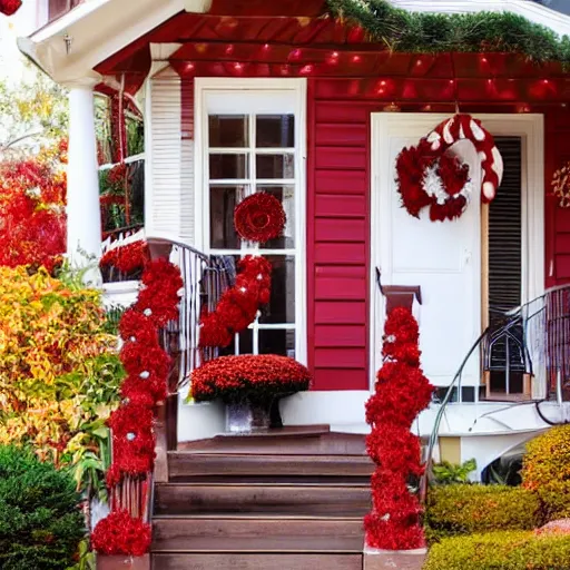 Prompt: a red house decorated for rosh hashanah, cozy, festive, spiral motif, creative fall decorations