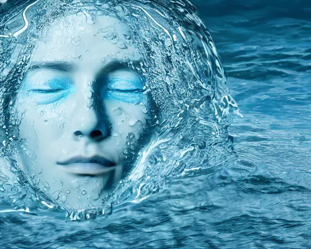 Image similar to water art manipulation of a realistic human head with open eyes burried in the ocean, surreal, side view, hyper realistic, ray tracing, realistic water, sharp focus, 8 k resolution, cinematic