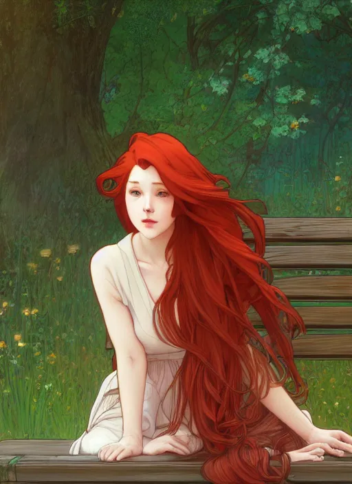 Prompt: pretty young woman with long red hair sitting on a park bench at the dead of night, path traced, highly detailed, high quality, digital painting, by studio ghibli and alphonse mucha, leesha hannigan, makoto shinkai, disney