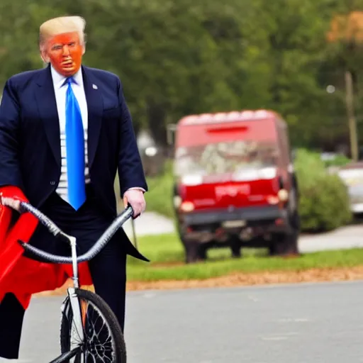 Prompt: donald trump dressed as a clown riding a unicycle