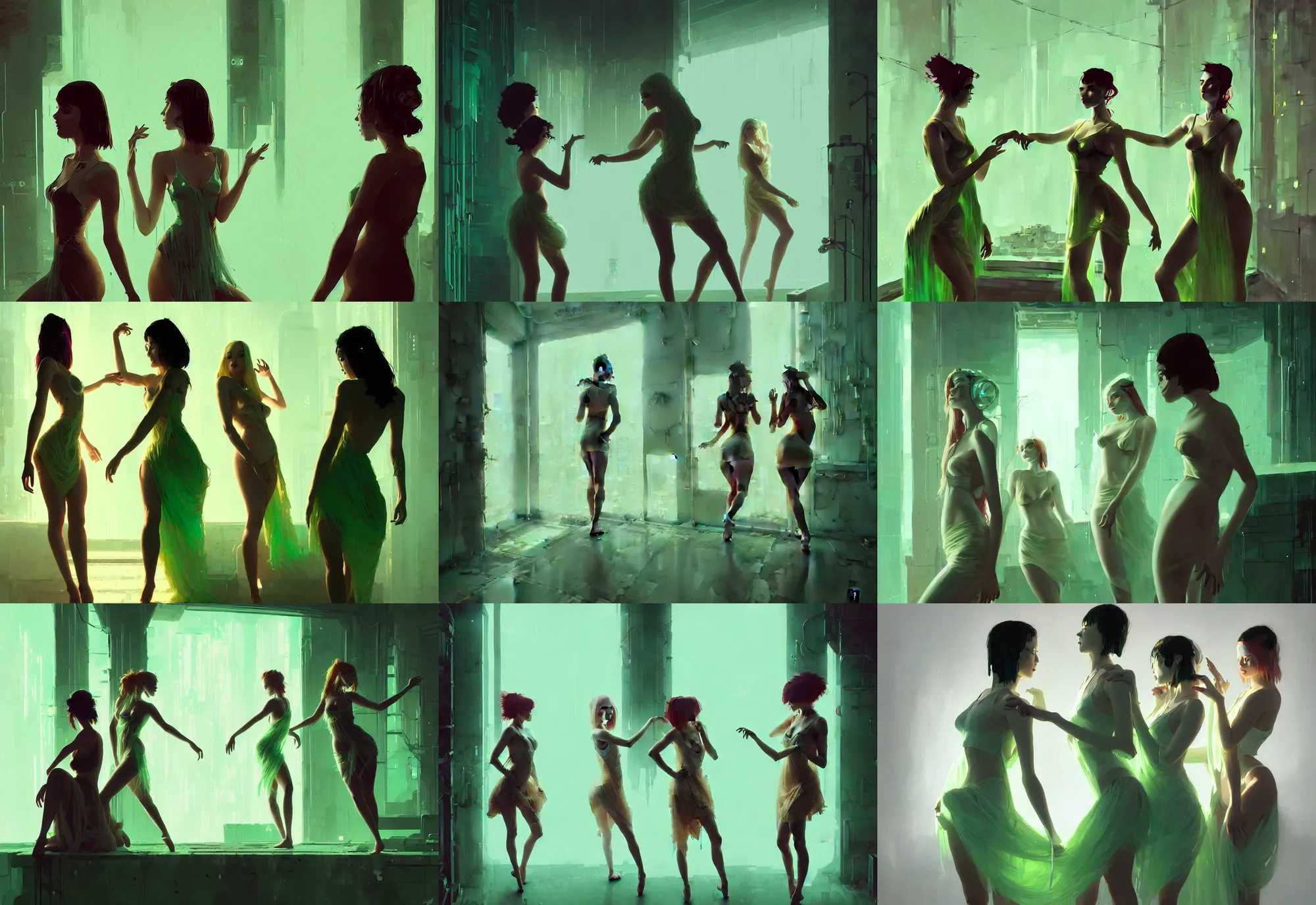 Prompt: two young women dancers in studio, negligee, cyberpunk, fantasy, by atey ghailan, by greg rutkowski, by greg tocchini, by james gilleard, by joe gb fenton, by in kaethe butcher, dynamic lighting, gradient light green, brown, blonde cream and white color in scheme, grunge aesthetic