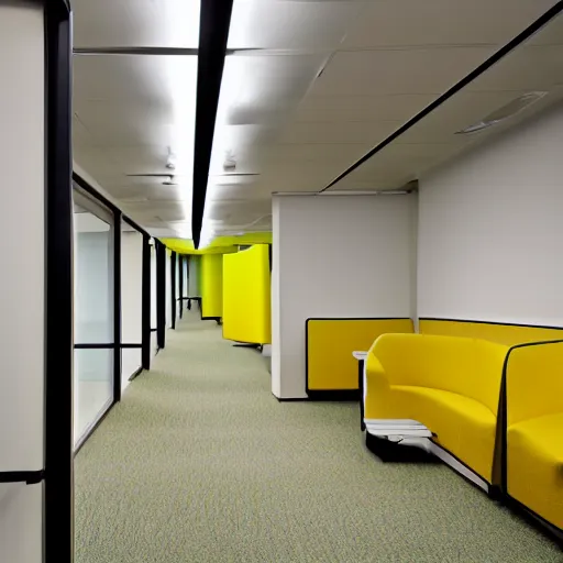 Image similar to liminal office space with walls and carpeting with a monochromatic tone of yellow, fluorescent lights