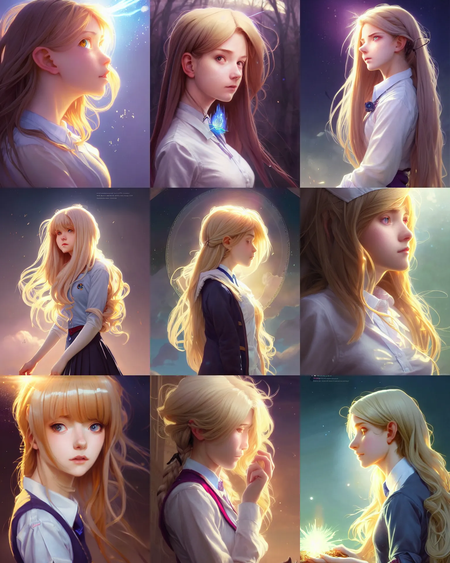 Prompt: side portrait of an innocent lost college girl, magic school uniform, light - coloured hair, large messy hair style, fantasy building, intricate, sharp focus, lens flare, bloom, rim light, illustration, highly detailed, digital painting, concept art, matte, art by wlop and artgerm and greg rutkowski and alphonse mucha, masterpiece