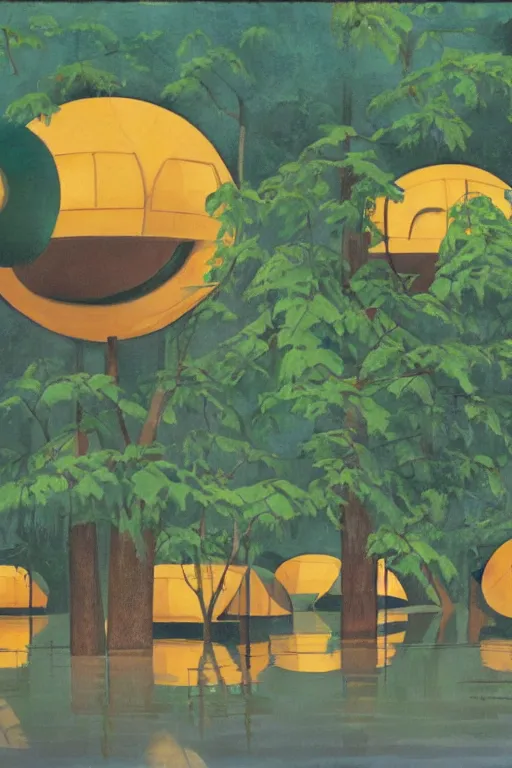 Image similar to spherical tree houses in flooded street ( ( ( ( painting by aaron douglas ) ) ) ) painting by alvar aalto