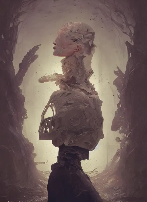 Prompt: the masks come off at night revealing all there is to know, photorealistic by michael komarck, greg rutkowski, victo ngai, artgerm, willem claesz heda and j. dickenson