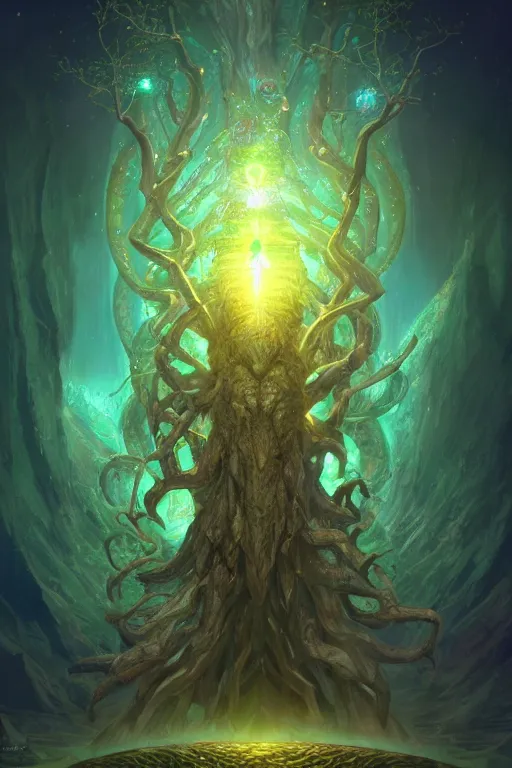 Image similar to yggdrasil as an enormous sentient deity of the stars made of exotic matter resides inside null space, a dnd illustration of an esoteric concept by cgsociety and james gurney, artstation, hdr, rtx, iridescent