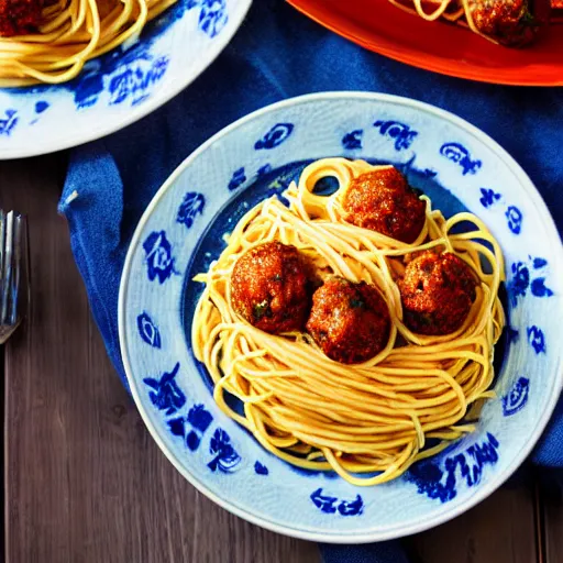 Prompt: a plate of spaghetti with blue colored meatballs, food photography