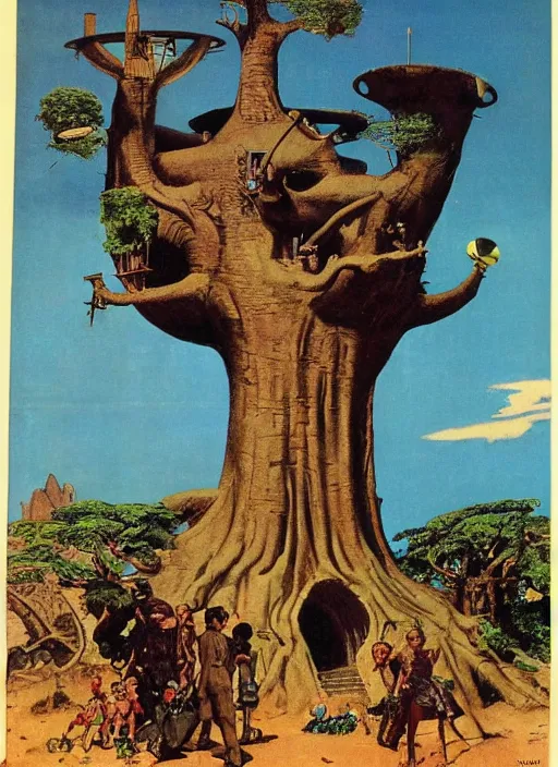 Image similar to 5 0 s pulp scifi fantasy illustration of an alien village with a baobab tree, by norman rockwell, edd cartier, howard v brown, frank r paul, dean cornwell, astounding stories, amazing, fantasy, other worlds