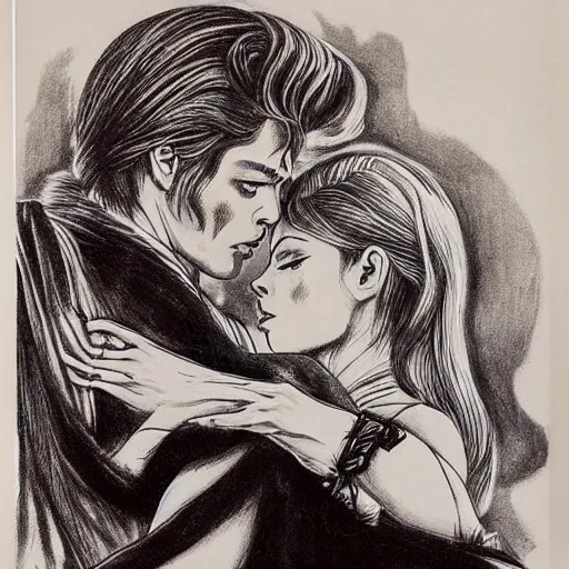 Prompt: 1 9 6 0 s drawing symmetrical pretty elegant brigitte bardot as a vampire kissing alain delon, very detailed intricate intaglio, style of takato yamamoto, lots of flowers