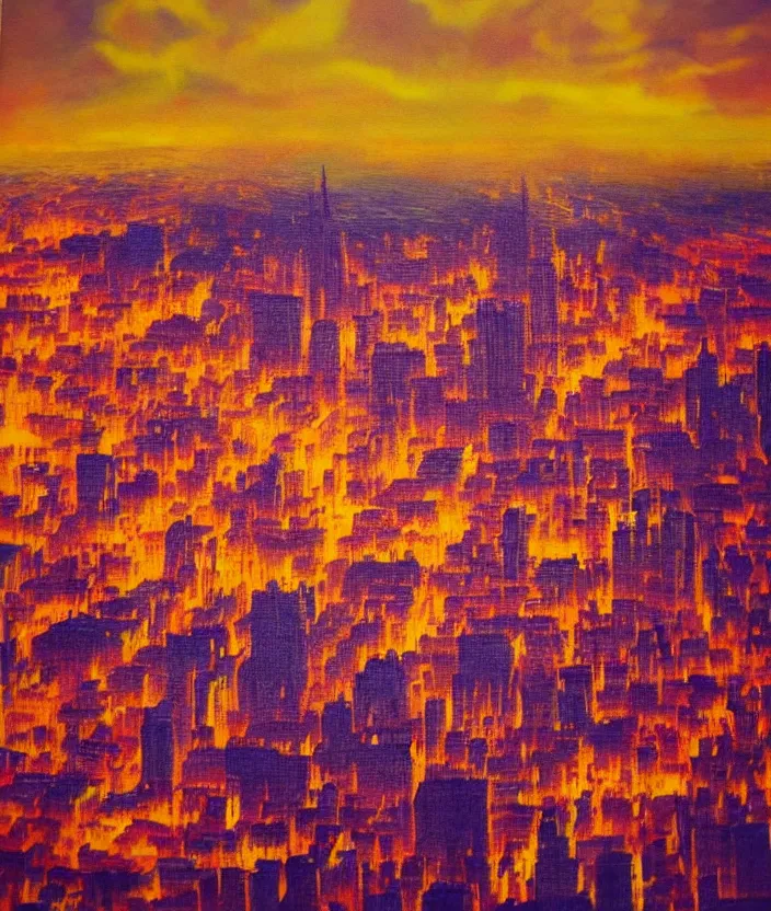 Prompt: A close up shot of a European City with rays of sunlight bouncing off the buildings, sunrise, sunset, bright yet cool colors, colors and rays of yellow orange red pink purple and blue cover the image, melancholic, nostalgic, cool, epic, oil painting, painting, trending on deviantart, trending on artstation, realistic, polaroid photograph, polaroid, lens blur, photo, realistic, hyperrealistic, very realistic, detailed, very detailed, intriciate detail, intricate details, HD quality, 4k resolution, 8k resolution, in the style of an album cover