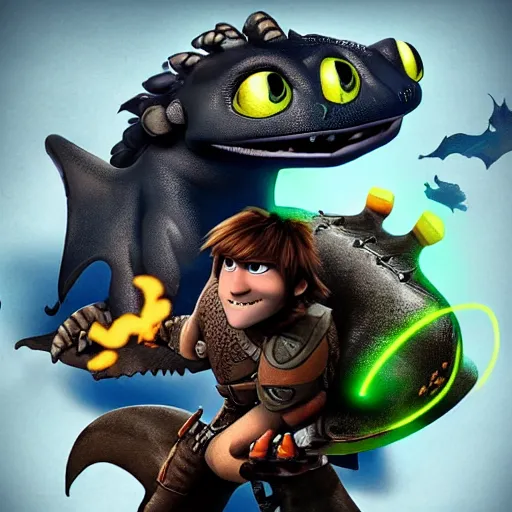 Image similar to “ creature in the style of how to train your dragon holding laser gun, floating alone, with a black background, digital art, award winning, trending on art station, retro style ”