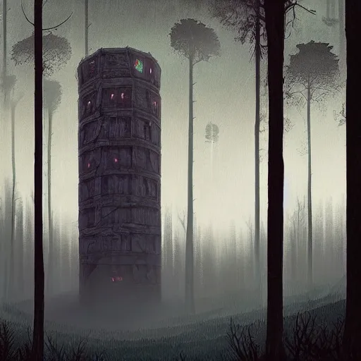 Image similar to monumental old ruins tower of a dark misty forest, overcast, sci - fi digital painting by simon stalenhag