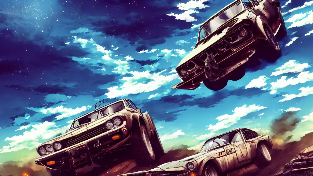 Image similar to anime illustration of mad max's fj 4 0 pursuit special, the last v 8 interceptor driving down to the gates of valhalla highway, riding fury road eternal shiny and chrome, world of fire and blood, by makoto shinkai, ilya kuvshinov, lois van baarle, rossdraws, basquiat, global illumination ray tracing hdr