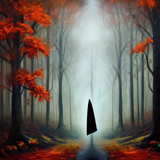 Prompt: ominous bedsheet ghost standing in an autumn forest, oil painting, brush strokes, gloomy misty atmosphere, symmetrical, full body image, highly ornate intricate details,