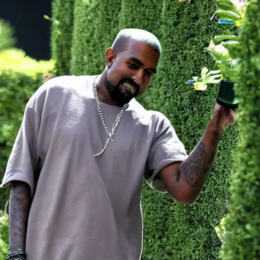 Image similar to Kanye West watering plants in a garden with a smile on his face, 8km, realistic, sharp, high details, detailed