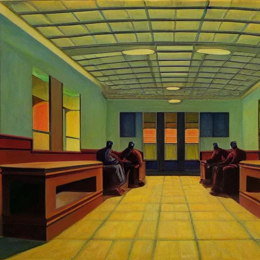 Prompt: mind control facility interior, control center, brainwashing, dystopian, pj crook, edward hopper, oil on canvas