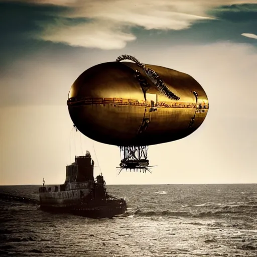 Image similar to Colour photo of steampunk airship flying across the Atlantic Ocean