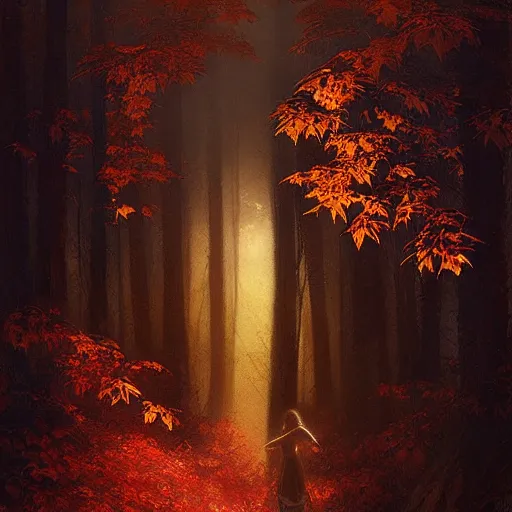 Prompt: portrait of a dryad, autumn maples by greg rutkowski dark mysterious, filtered evening light