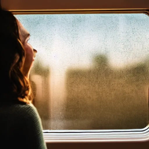 Prompt: a beautiful woman sitting in a train and looking outside of window seeing a milky way