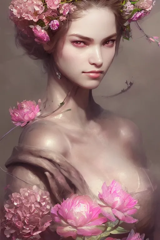 Image similar to face closeup beautiful girl with diamond skin, 3 d render, holding pink flowers, hyper realistic detailed portrait, ruan jia, wlop, fantasy, hyper detailed, octane render, concept art, ornaments, mucha vibe, dieselpunk, solarpunk, artstation, peter mohrbacher