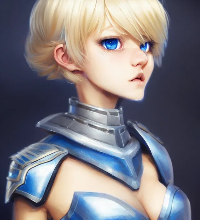 Image similar to character concept art of a cute german woman with blond hair and blue eyes, wearing plastic armor. lovely - fine - face, pretty face, key visual, realistic shaded perfect face, fine details by stanley artgerm lau, wlop, rossdraws, james jean, andrei riabovitchev, marc simonetti, sakimichan, trending on artstation