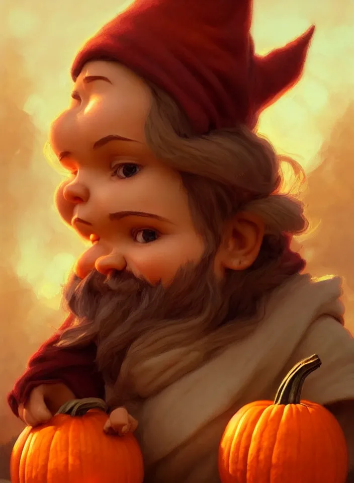 Image similar to hand drawn cute one gnomes face in autumn and pumpkin, detailed closeup face, concept art, low angle, high detail, warm lighting, volumetric, godrays, vivid, beautiful, trending on artstation, art by artgerm and greg rutkowski and alphonse mucha