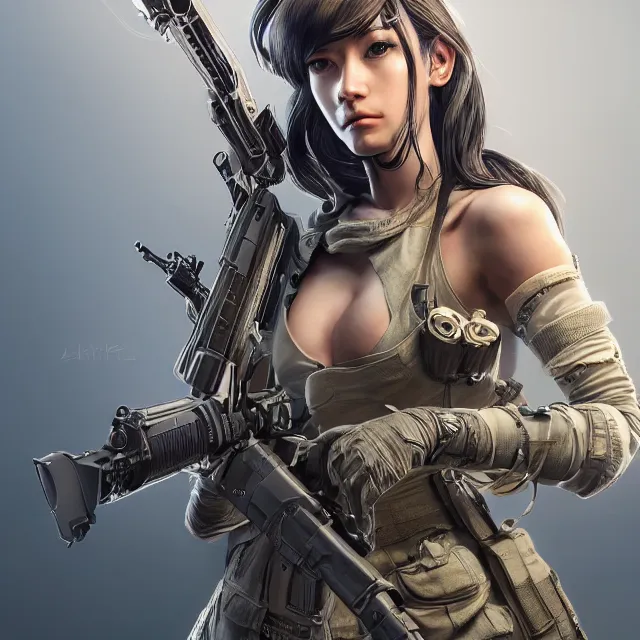 Image similar to the portrait of lawful neutral female futuristic marine sniper as absurdly beautiful, gorgeous, elegant, young gravure idol, an ultrafine hyperdetailed illustration by kim jung gi, irakli nadar, intricate linework, bright colors, octopath traveler, final fantasy, unreal engine 5 highly rendered, global illumination, radiant light, detailed and intricate environment