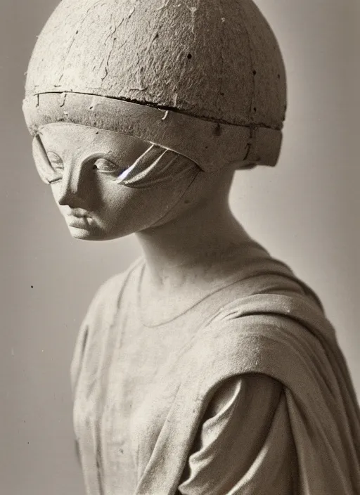 Image similar to realistic photo of a a medieval antique old wooden sculpture of a girl dressed white spherical fluffy hat helmet, greyscale 1 9 9 0, life magazine photo, natural colors, metropolitan museum, kodak