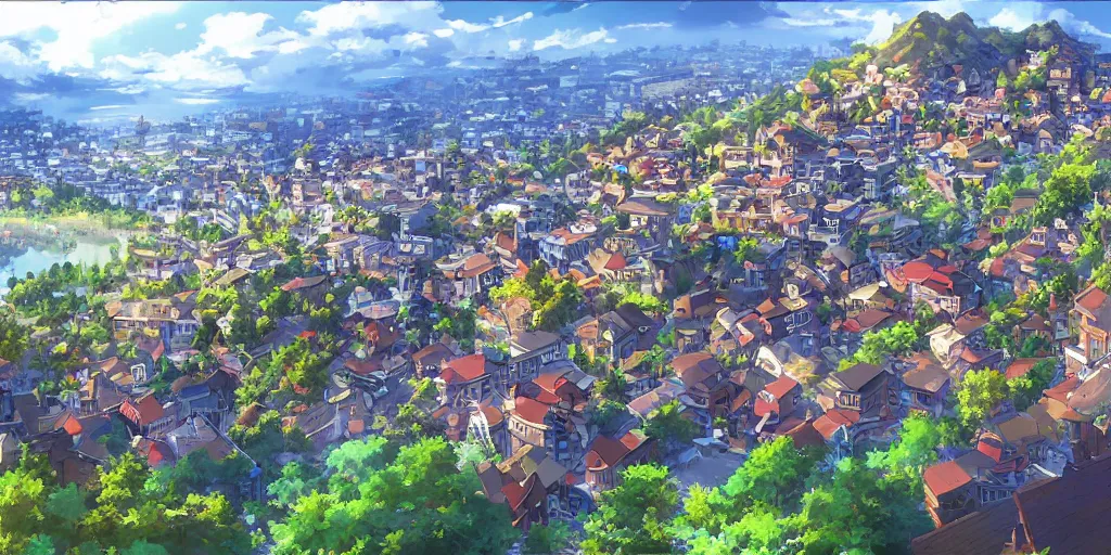 Prompt: beautiful view of a town from a hill, award - winning digital art, anime