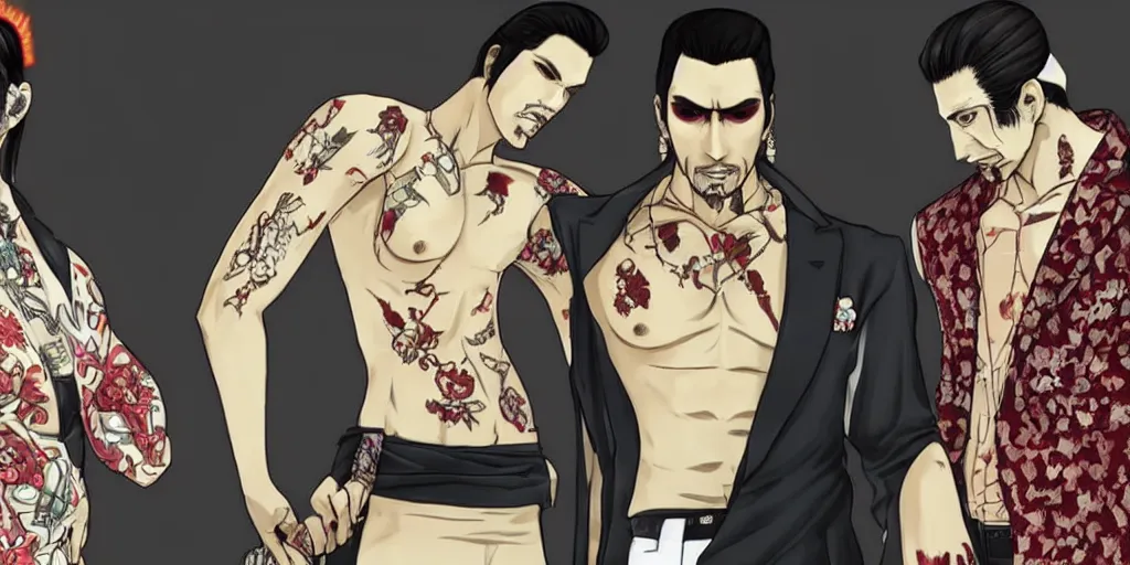 Image similar to Yakuza Kiryu Kazuma and Majima Goro, beautiful, gracious, bloody, bioluminescent skin, ultra detailed, ultra realistic