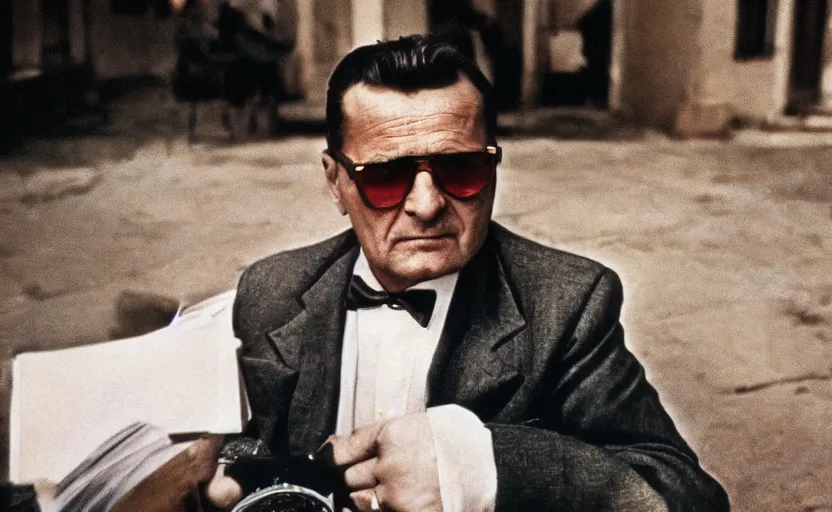 Prompt: 50s movie still full-lenght portrait of Josip Broz Tito, by Steve McCurry , Cinestill 800t 35mm, heavy grainy picture, very detailed, high quality, 4k, HD criterion, precise texture