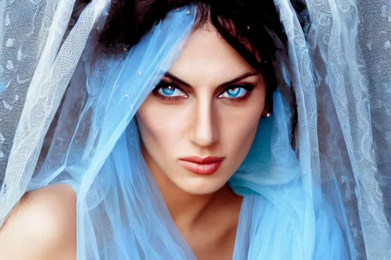 Image similar to Arab young Monica Belluci, tanned, bright blue eyes, white transparent veil, glare face, light blue dress portrait