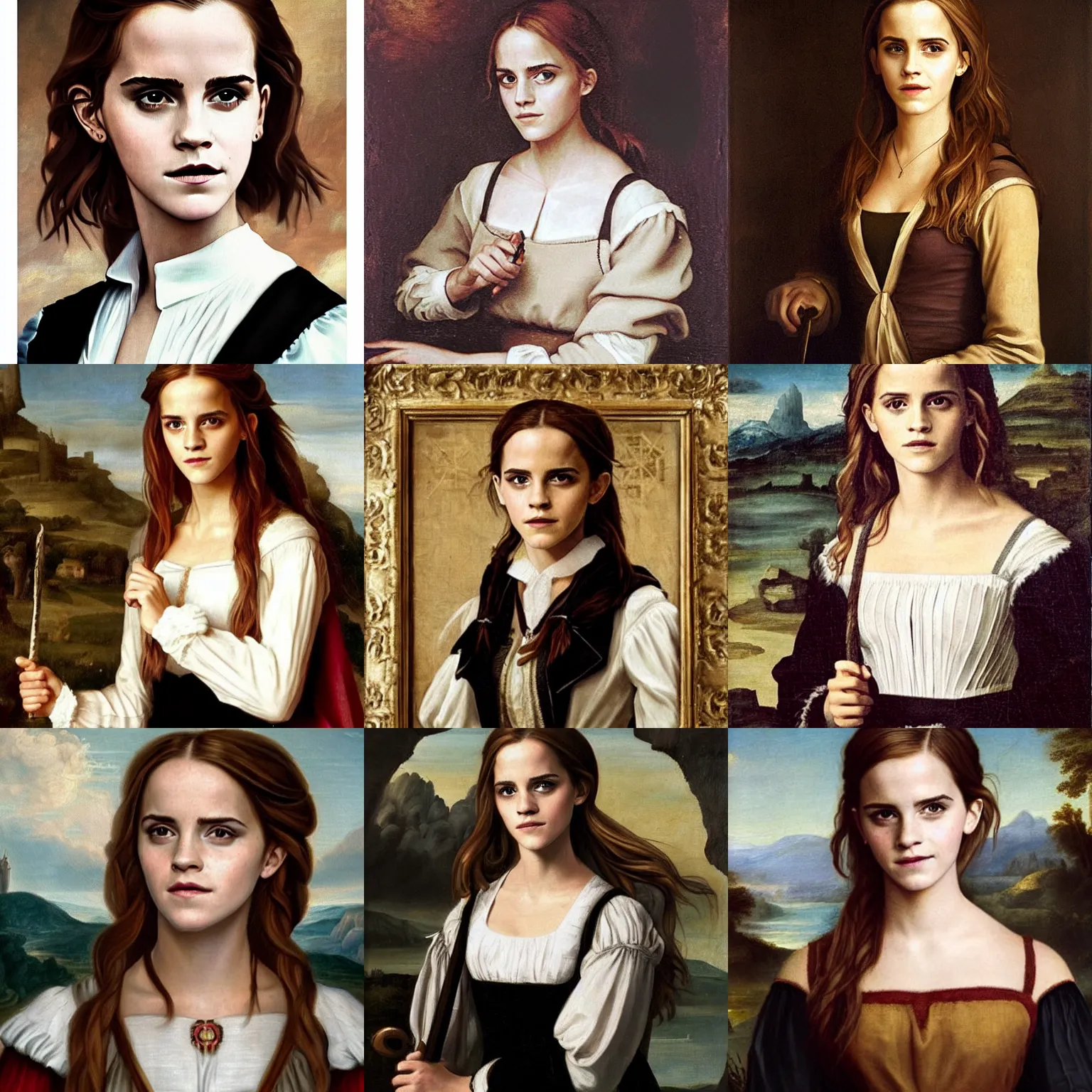 Prompt: renaissance oil painting of emma watson as hermione granger, wearing a white shirt and black skirt