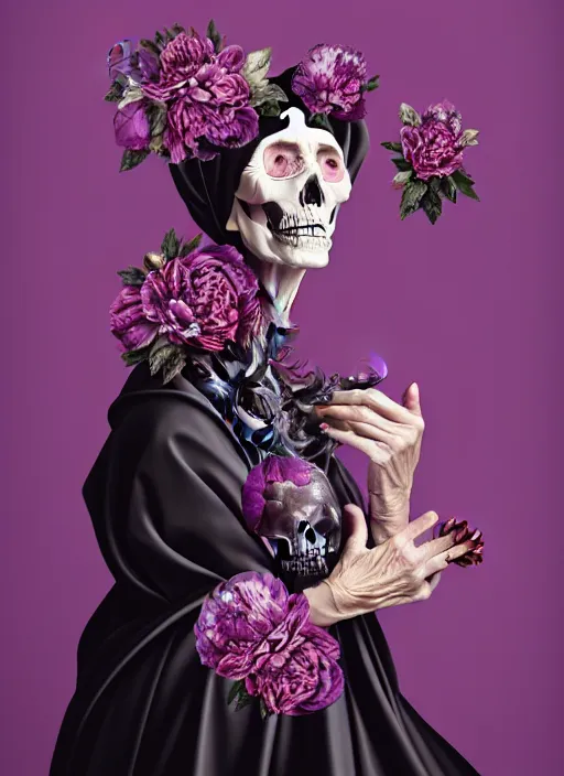 Image similar to portrait of a old year woman with a headscarf a dress of bones and many peonies snake smoke, purple colour scheme, full length, masterpiece, dark background, art by caravaggio, artstation