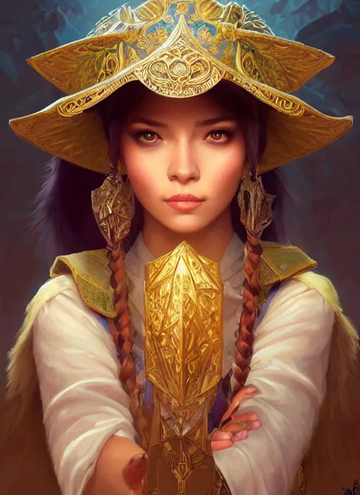 Image similar to portrait of russian mexican asian girl jodhpurs hyperborea lemuria, deep focus, d & d, fantasy, intricate, elegant, highly detailed, digital painting, artstation, concept art, matte, sharp focus, illustration, hearthstone, art by rhads by artgerm and greg rutkowski and alphonse mucha