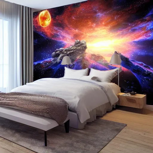 Image similar to a cozy bedroom interior with wall murals of incredible fantasy space art, detailed, high resolution, wow!, intricate, volumetric lighting, raytracing