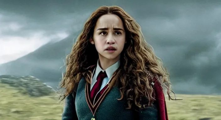 Image similar to Still of Emilia Clark starring as Hermione Granger in her Gryffindor uniform in the new Harry Potter reboot