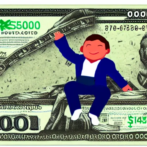 Prompt: a very small man sitting, happy on a large pile of money, brewster millions