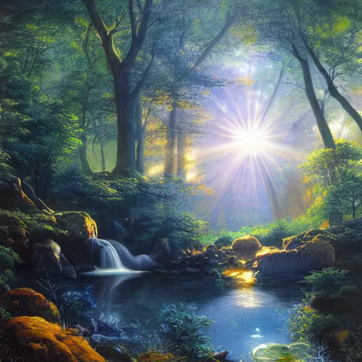 Image similar to a forest oasis, rock pools, harmony of nature, infinite dawn, angelic light, sparkling dew, by asher brown durand, by iyoshitaka amano