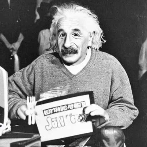 Prompt: vintage photo of einstein competing in a super smash bros tournament