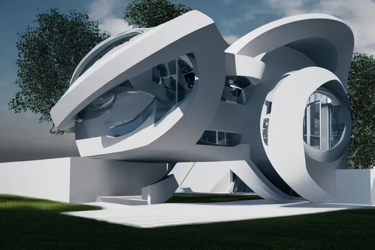 Image similar to photo of a futuristic house designed in the style of seppo mantyla, 4 k, realistic render