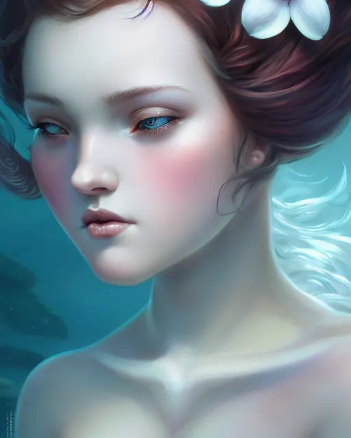 Prompt: character art of a goddess of magnolias as windy dusty underwater angelic young female | | seductive - fine - face, pretty face, key visual, realistic shaded perfect face, fine details by artgerm, wlop, tom bagshaw, james jean, andrei riabovitchev, marc simonetti, trending on artstation