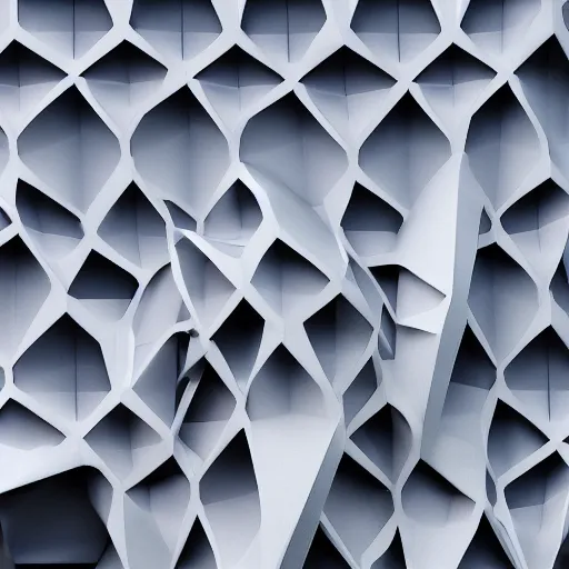 Prompt: 3d printed Hexa façade , Voronoi, parametric design, telephoto lens