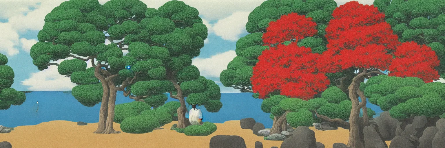 Prompt: japanese garden painting magritte