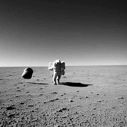 Image similar to astronauts landing on a russet potato, black and white, film grain, light bleed