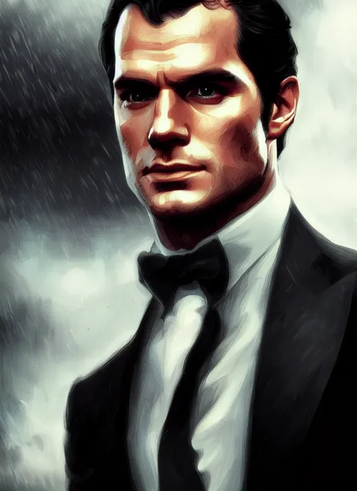 Image similar to portrait of henry cavill as james bond, casino, rain, fire, highly detailed, digital painting, artstation, concept art, cinematic lighting, sharp focus, illustration, art by artgerm and greg rutkowski and alphonse mucha