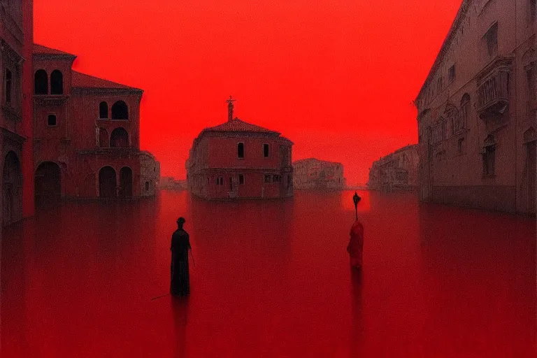 Image similar to only with red, a red dystopic knight, venice, flock of birds in the red sky, in the style of beksinski, parts by edward hopper, parts by rodcenko, parts by yue minjun, intricate and epic composition, red by caravaggio, insanely quality, highly detailed, masterpiece, red light, artstation, 4 k